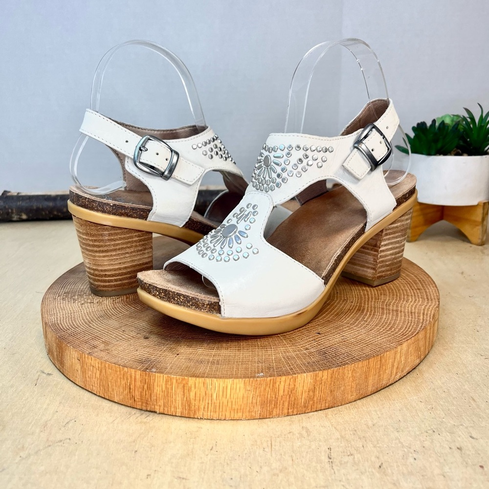 Dansko Deandra T-Strap Studded Heel Sandals – Ivory (Size 37 / US 6.5–7)